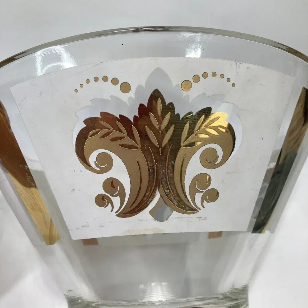 Vtg MCM Gilt Gold Fleur De Lis Wheat Medallion Salad Chip Bowl Libbey Clear Gold